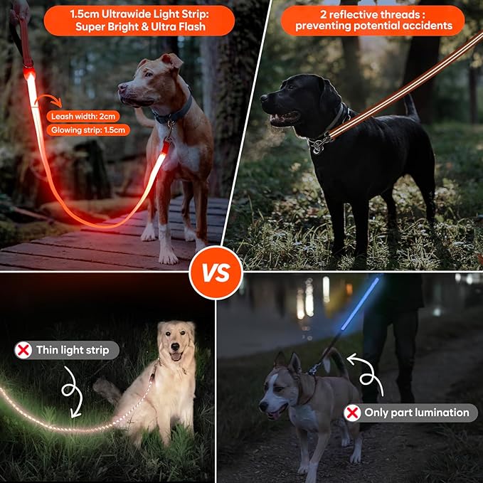 LED Dog Leash, Light Up Dog Leash 4 Ft USB Rechargeable Waterproof, Nylon Reflective Leashes with Padded Handle for Dogs Night Walking Light, Safety Glow in The Dark for Large Medium Pets (Orange)