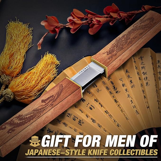 Purple Dragon Tanto Fixed Blade Knife, Katana Survival Bushcraft Knife, Full Tang Samurai Knives 2 in 1, Ideal for Camping, Fishing, Hiking, Hunting-Knives for Men, Gift for Father (Wood)