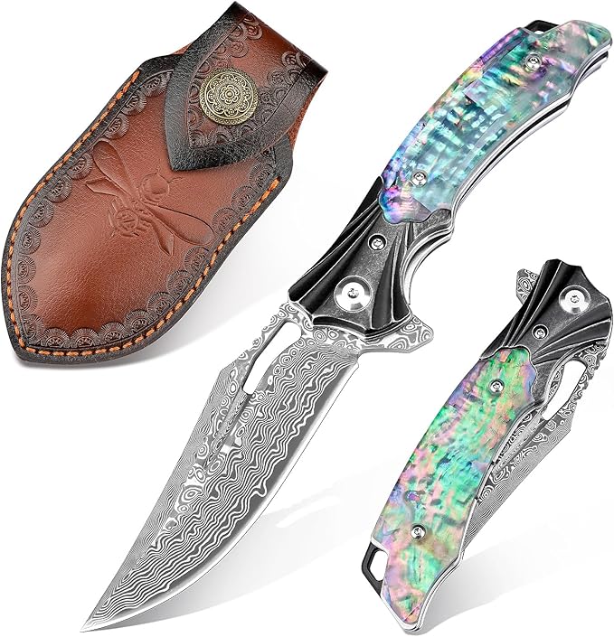 Damascus Pocket Knife for Women, 3.15" VG10 Damascus Steel Blade EDC Folding Knife with Sheath, Abalone Shells Handle, Ideal Gifts for Woman Men