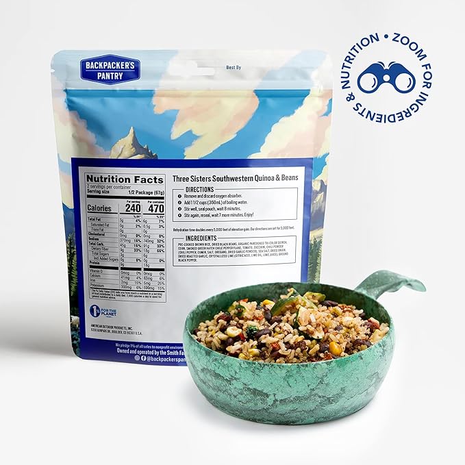 Backpacker's Pantry Three Sisters Quinoa and Beans, 2 Servings Per Pouch, Freeze Dried Food, 14 Grams of Protein, Gluten Free, Vegan