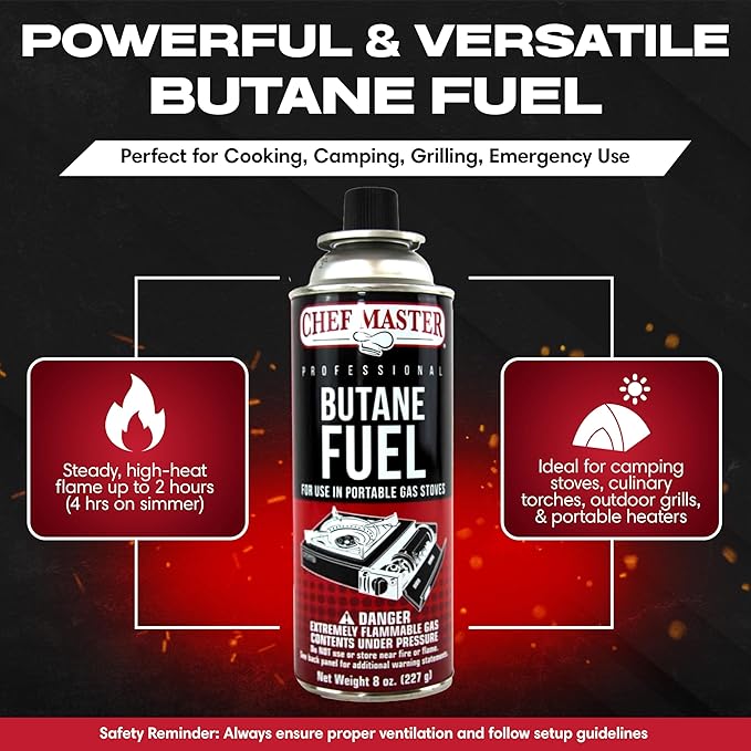 Chef Master 12x 8oz Butane Fuel Canister - Butane Canister for Kitchen Torch & Camp Stove - Gas for Picnics, Outdoor Cooking, Grilling - Camping Fuel Canister, Torch Fuel Camping Essentials - 90340