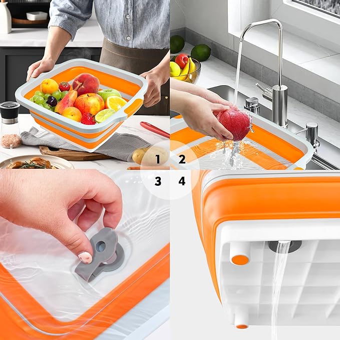 Collapsible BBQ Prep Tubs with Lids, Grill Cutting Board, Camping Sink with Drainage Hole for Meal Prep, Fruit Wash and Food Storage, Marinating Container,16L Orange Tub 20"