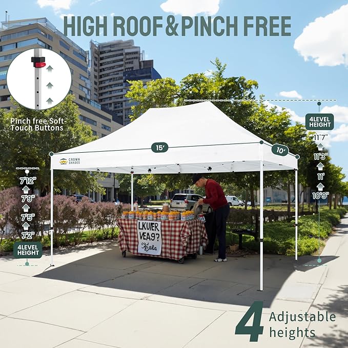 CROWN SHADES 10x15 Pop Up Canopy Tent, Thicken Frame Commercial Heavy Duty Tent, 8 Stakes & 4 Sandbags & 4 Ropes, Outdoor Canopies for Events, Parties,White
