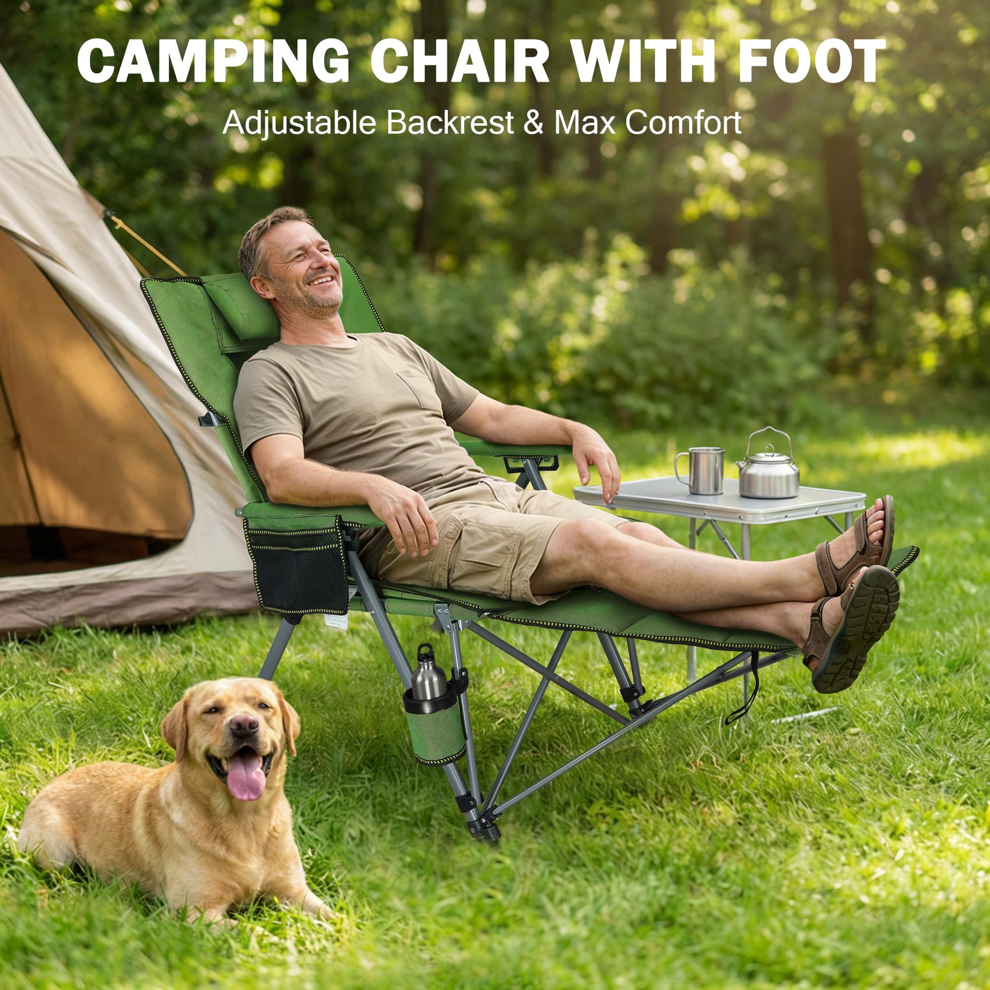 Folding Reclining Camp Chair with Footstool for Camp, Picnic, Lawn, Fishing