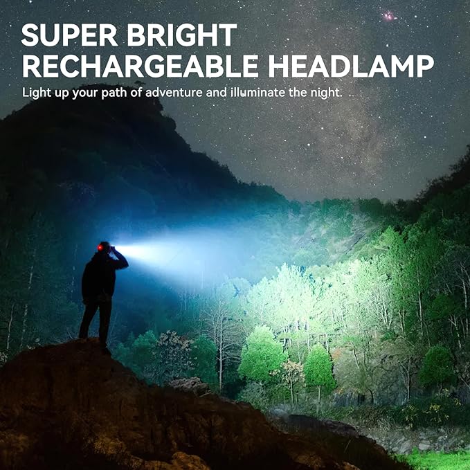 WdtPro Headlamp Rechargeable, Bright 3000L Head Lamp Flashlight, Lightweight Headlight with 3 Powered LED, Waterproof 90°Adjustable 4 Modes & Tail Lights Head Lamps for Camping Outdoor Running