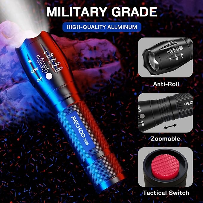 RECHOO Tactical Flashlight 4 Pack, Bright Zoomable LED Flashlight with High Lumens and 5 Modes, Waterproof Portable Pocket Flash Light for Emergency, Camping, and Outdoor Use - S1500