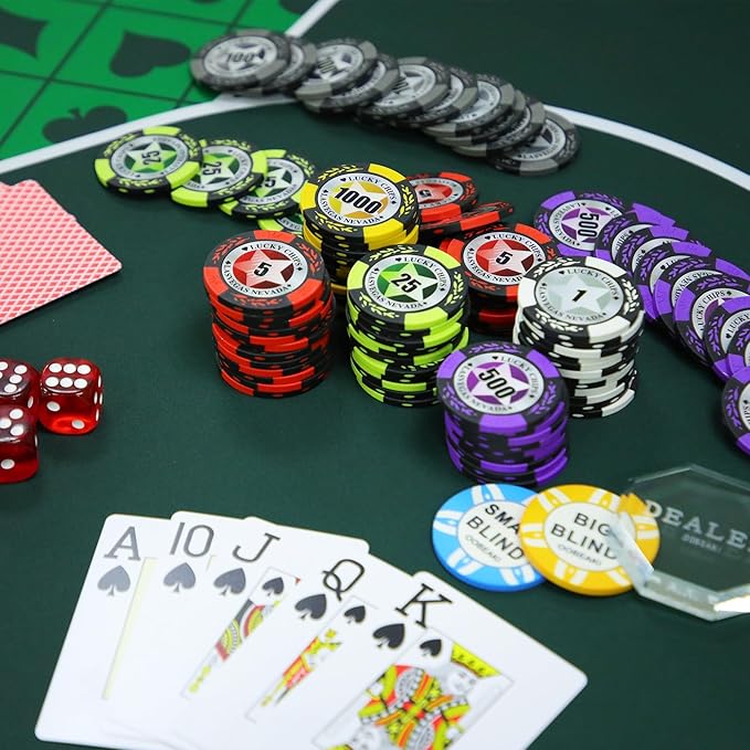 ORIENGEAR Poker Chip Set with Denominations, 500 PCS 14 Gram Clay Composite Casino Chips with ABS Case & 2 Decks of Plastic Cards, for Texas Holdem Blackjack Gambling Games