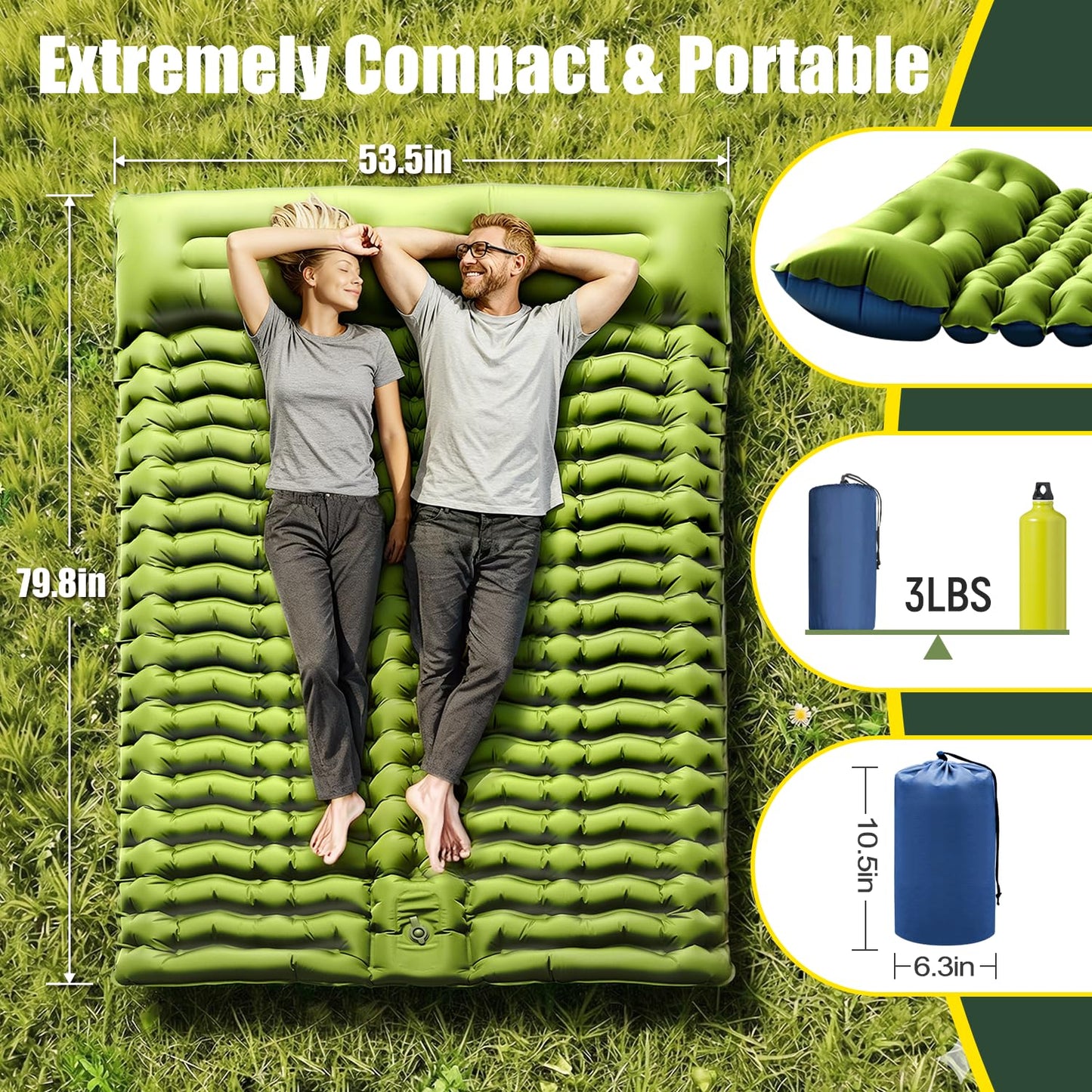 Yuzonc Double Sleeping Pad - Self Inflating 4" Extra-Thick for 2 Person with Pillow Built-in Foot