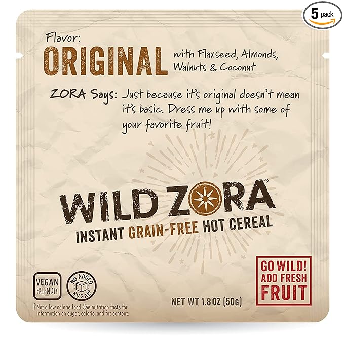 Wild Zora Instant Grain-Free Hot Cereal - Tasty Paleo Friendly Cereals, Instant Hot Meal, Breakfast to Go, Oatmeal Substitute, No Added Sugar, Grain, Dairy, or Soy, Gluten Free, Original Flavor, 5-pack