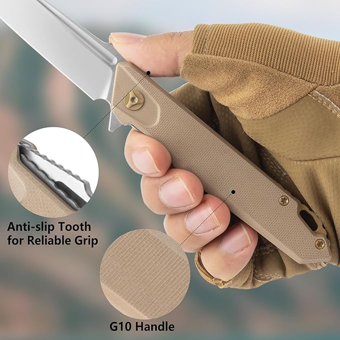 FLISSA Folding Pocket Knife, EDC Knife with D2 Steel Blade and G10 Handle, Pocket Clip, Suitable for Camping, Hiking, Fishing, Daily Use, Outdoor Activities(Brown)