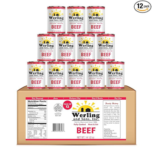 Werling Meat Canned Beef 14.5 Oz – Fully Cooked, Heat & Eat | Shelf Stable Canned Meat for Pantry Staples, Everyday Meals, Camping, Hiking, Emergency & Survival | 5-Year Shelf Life | Pack of 12