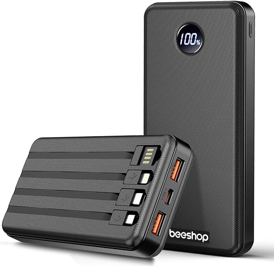 BEESHOP Portable Charger Power Bank - 37000mAh Portable Battery with 4 Built-in Cables, 22.5W Fast Charging Battery Pack Bank Compatible with iPhone 16 15 14 13 Android Samsung Phone etc(1 Pack)