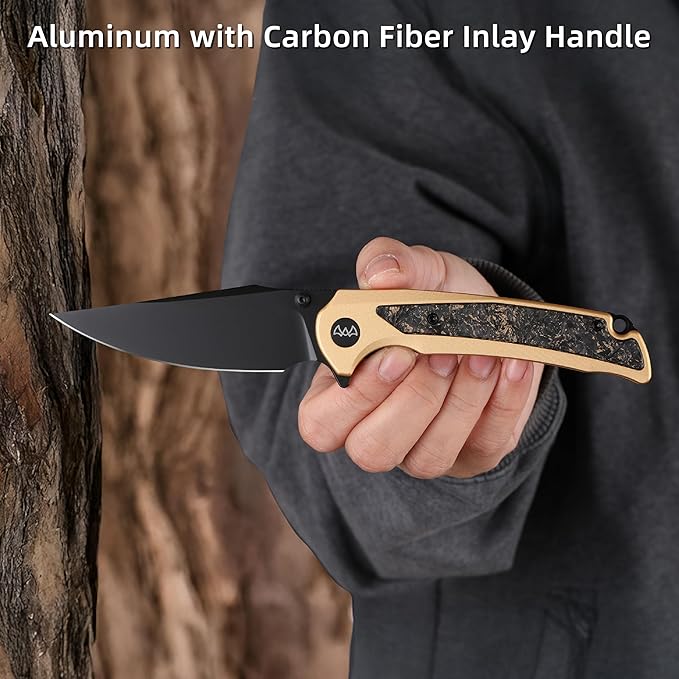 EDC Pocket Knife, 3.6" 14C28N Clip Point Folding Knife, Aluminium With Steel Inlay Handle and Liner Lock, Camping Hiking Hunting Outdoor Knives