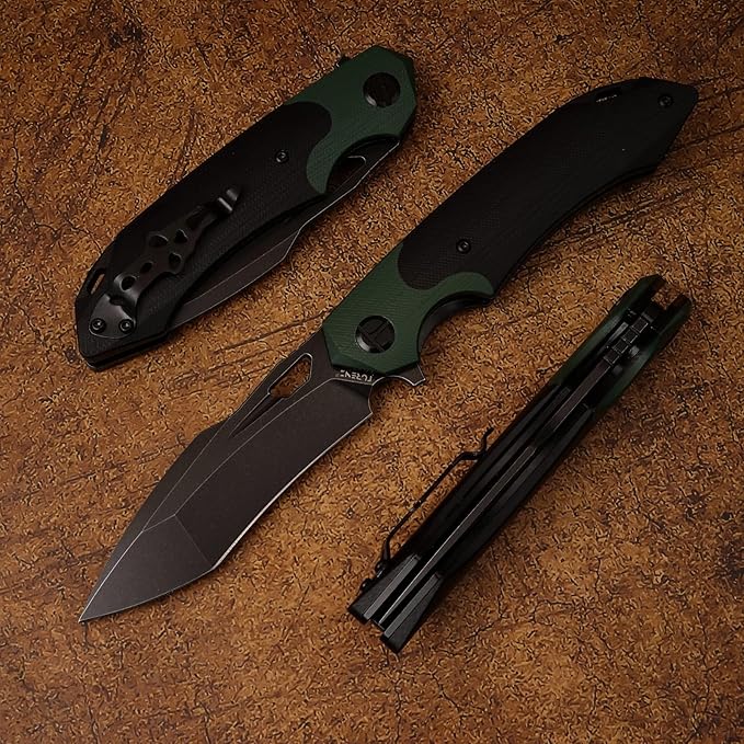 D2 Steel Folding Knife - 9CM Black Tactical Blade, G10 Handle, Pocket Clip - EDC Camping, Survival, Hunting - 60-61HRC, Vacuum Heat Treated, Stonewash Finish