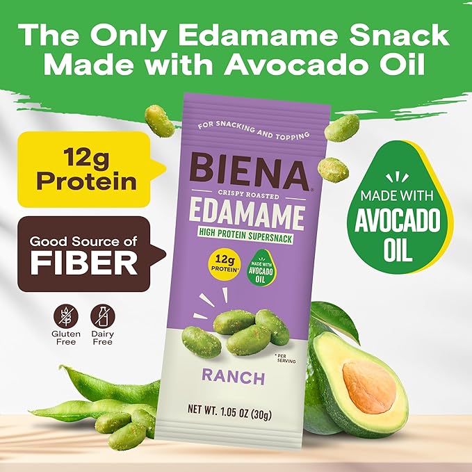 Biena Crispy Roasted Edamame Beans Snack ??High Protein Low Carb Snack for Adults & Kids, 12g Protein per Serving - Made w/Avocado Oil ??Vegan, Gluten-Free ??10-Pack, 1.05oz Bags, Ranch