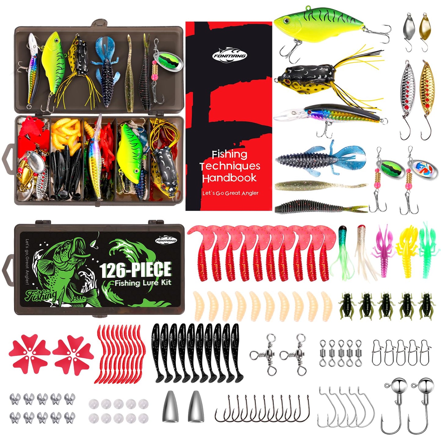 FONMANG 126Pcs Fishing Lures - 2025 New Tackle Box with Tackle Included, Fishing Kit with VIBs