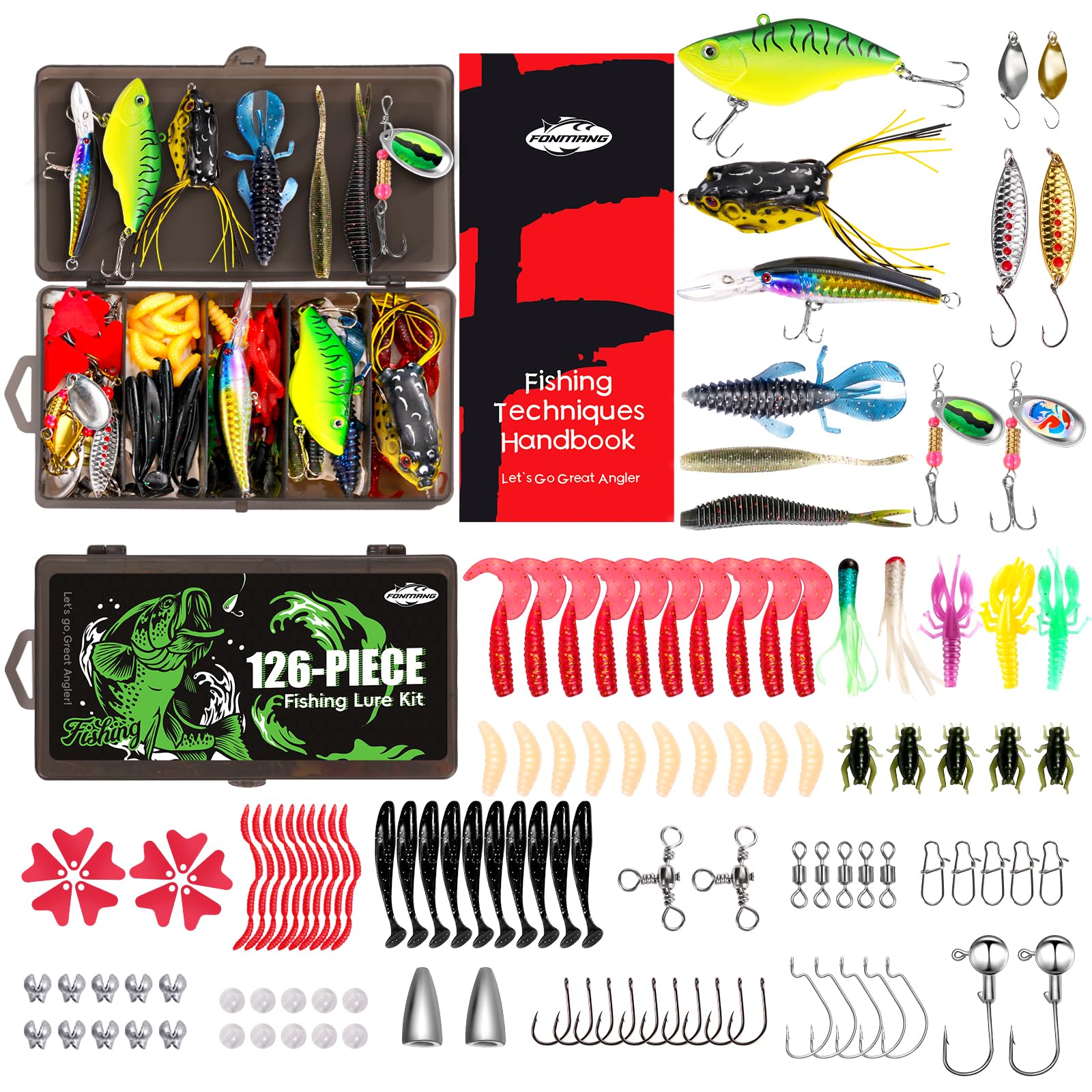 FONMANG 126Pcs Fishing Lures - 2025 New Tackle Box with Tackle Included, Fishing Kit with VIBs