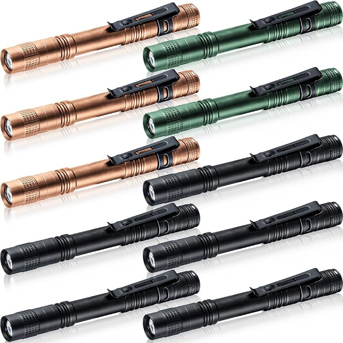 Hortsun 10 Pcs Mini Flashlight Bulk LED Pen with Pocket Small Flashlight with Clip for Outdoor Father's Day Gift for Men(5.12 Inch,Black, Brown, Green)