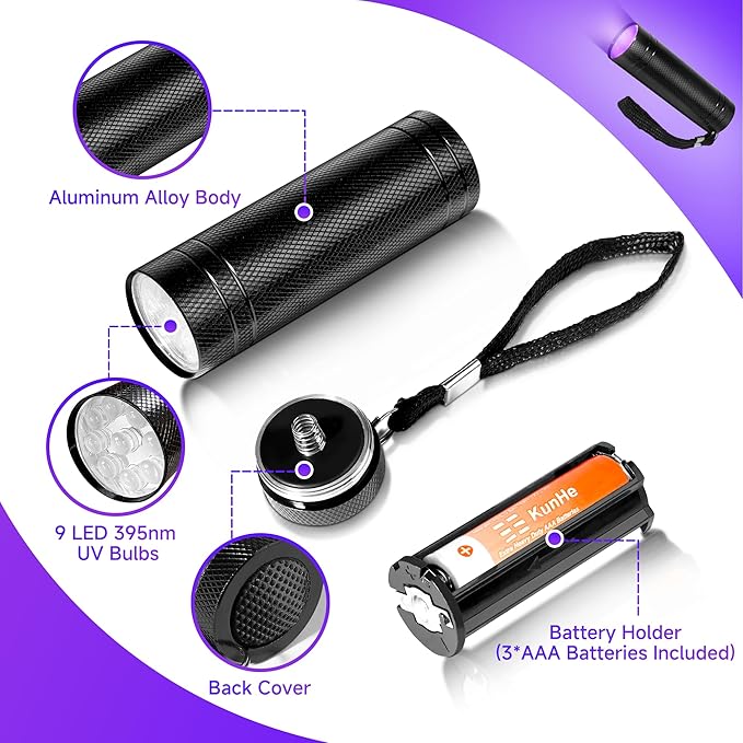KunHe 60 Pack UV Flashlight 395nm Black Light Mini AAA Battery Ultraviolet LED Woods Lamp Powerful Portable Pet Urine Detector for Dogs Cats Dry Stains Bed Bugs Scorpions Finder Resin Curing