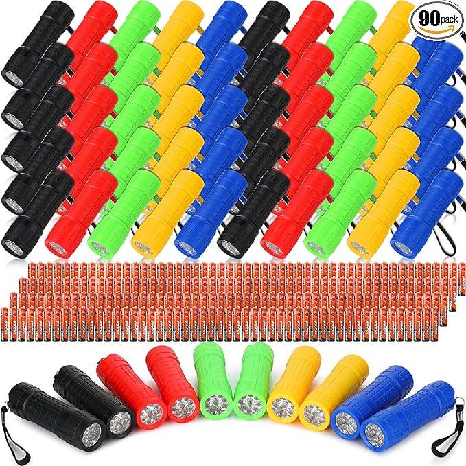 90 Pcs Mini Flashlight 9 LED Handheld Torch Bulk Kids Flashlight Plastic Handheld Flashlights with Lanyard Camping Necessities for Home School Night Emergency, 270 Pcs AAA Batteries Included