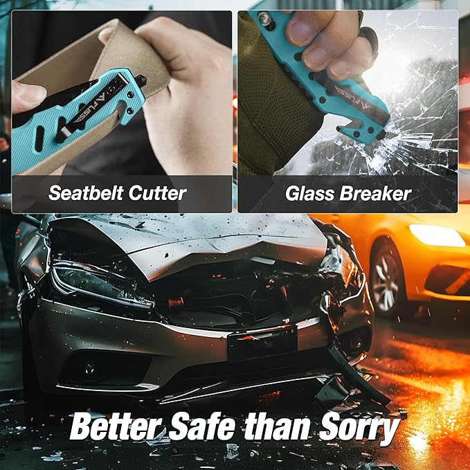 FLISSA Folding Pocket Knife with Clip, Glass Breaker and Seatbelt Cutter, Survival Knife for Emergency Rescue Situations, EDC Knife for Tactical, Hunting, Camping, Outdoor, Unique Gifts for Dad, Father-Blue