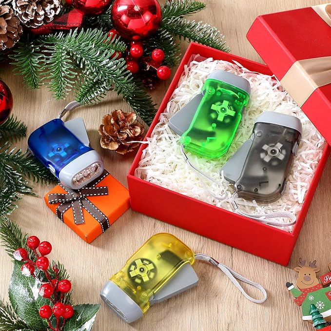 Treela 36 Pcs Hand Crank Flashlights Operation Christmas Bulk Items Squeeze Flashlight No Battery Required Torchlight 3 Powered Charging for Emergency(Green, Blue, Yellow, Grey)