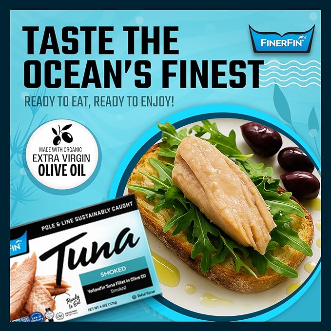 FinerFin Premium Smoked Yellowfin Tuna Fillets in Organic Extra Virgin Olive Oil, 4.4 oz (12 Pack) | Hand Cut | Gourmet Ready-to-Eat Fillets | Gluten Free | Kosher