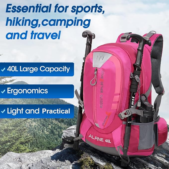 Hiking Backpack Camping 40L Outdoor Daypack Lightweight Travel Backpack with Rain Cover for Women Men (Pink)