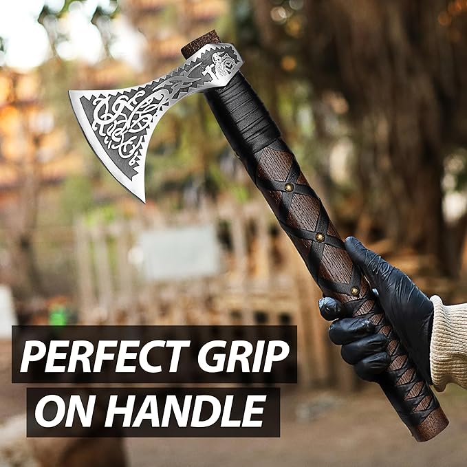 SHINY CRAFTS-Norse Viking Axe Wedding Gifts Camping Axe Berserker Axes-Handmade Viking Pizza Axe Authentic Medieval Pizza Cutter Axe with Carved Handle & Leather Sheath (VBA-27-A)