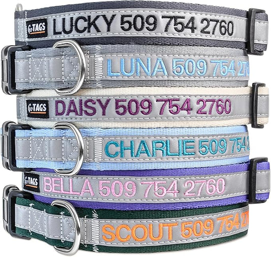 GoTags Reflective Personalized Dog Collar, Custom Embroidered Safety Collar with Pet Name and Phone Number for Boy and Girl Dogs, Small, Medium, and Large Adjustable Sizes (Small, Light Blue)