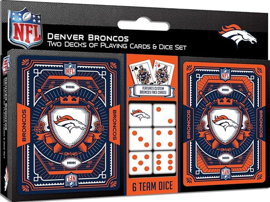 Masterpieces Game Day - NFL Denver Broncos 2-Pack Playing Cards & Dice Pack - Officially Licensed Set for Adults and Family