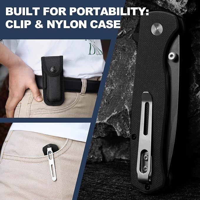 14C28N Pocket Knife for Men with Button Lock Safety Switch Y-M Tactical Folding knife with Clip, G10 Handle and Versatile Nylon Sheath for EDC, Camping, Hiking