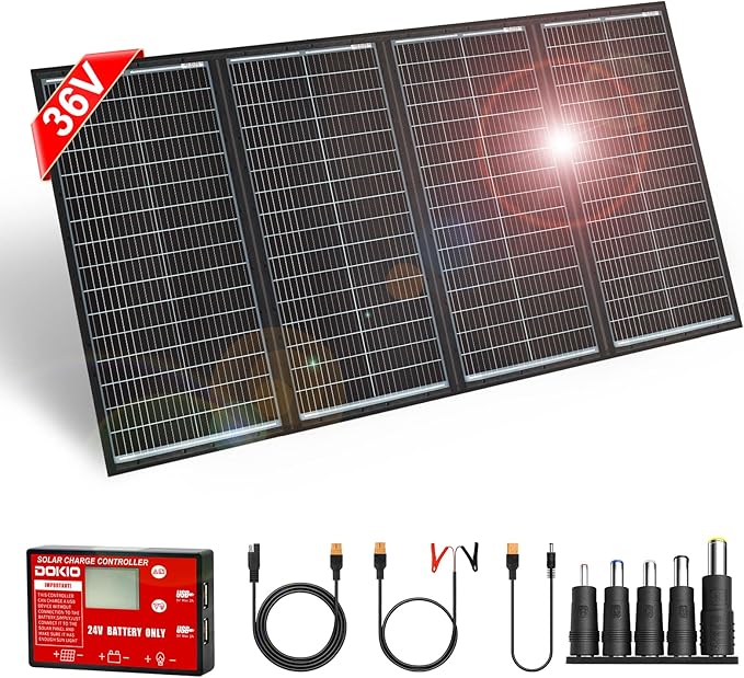 DOKIO 300W 36V Portable Folding Solar Panel Kit for 24V Batteries & Power Stations Lightweight Charger for AGM, LiFePO4, Deep Cycle ??RV, Trailer, Truck, Boat, Camping, Van, Emergency