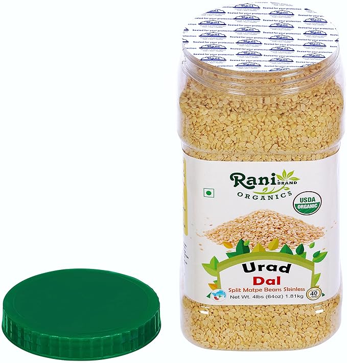 Rani Organic Urid/Urad Dal (Split Matpe Beans Skinless) Indian Lentils 64oz (4lbs) 1.81kg Bulk PET Jar ~ All Natural | Vegan | Gluten Friendly | NON-GMO | Indian Origin | USDA Certified Organic