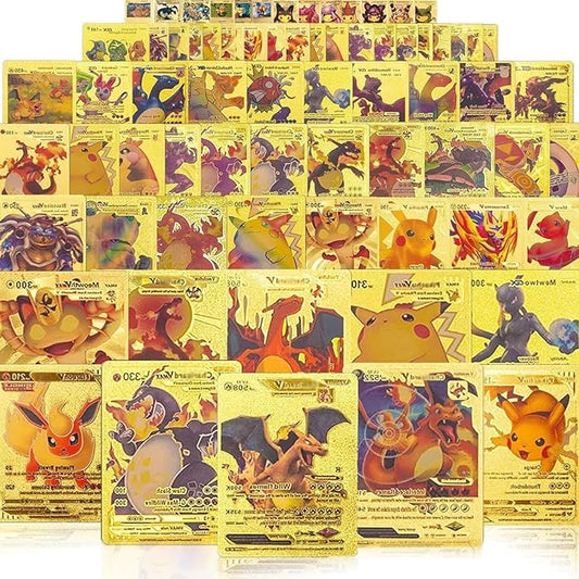 55 PCS Gold Cards Packs Vmax DX GX Rare Golden Cards Deck Box Gold Foil Card for Birthday Party Favors Gifts (No Duplicates)