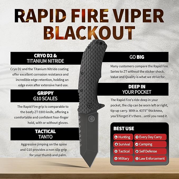Off-Grid Knives - Rapid Fire Viper, Assisted Tanto Blade, Hard Use Build, Tactical, Camping & Survival EDC, Cryo D2 Steel, Blackwash, G10 Scales, Deep Pocket Carry (Blackout)
