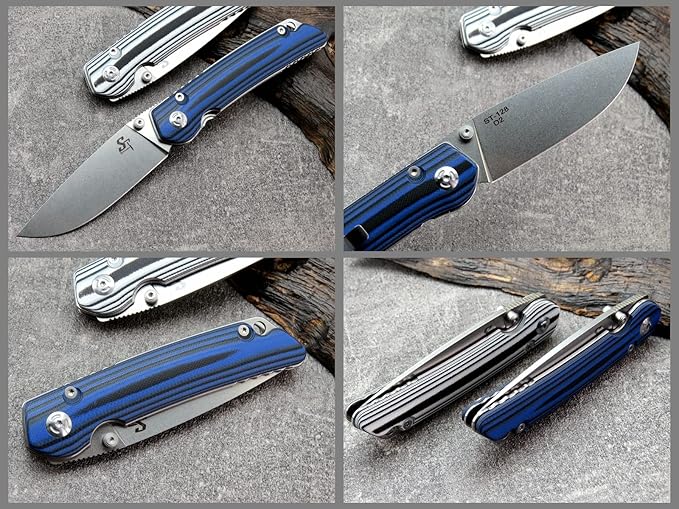 Sitivien ST128 Folding Knife,D2 Blade G10 Handle Safety Liner Lock EDC Tool Knife for Outdoor Hiking Camping-Blue