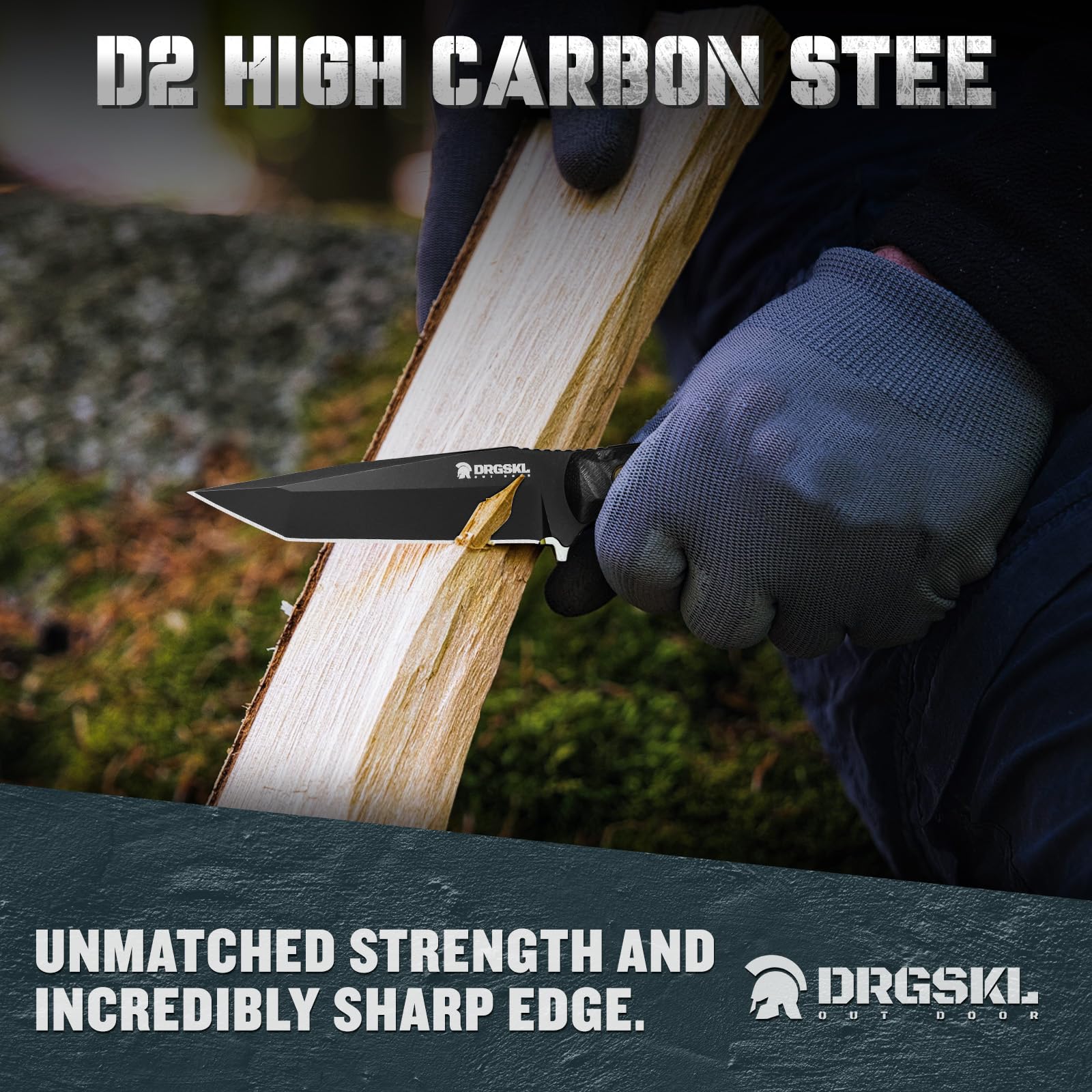 DRGSKL Tanto Fixed Blade Knife - Camping Knife with Sheath - Black