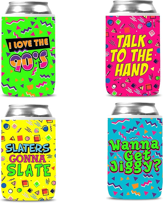Throwback 90's Can Coolies (4 PACK) - Funny 1990's Theme Party Decoration, Favors & Supplies