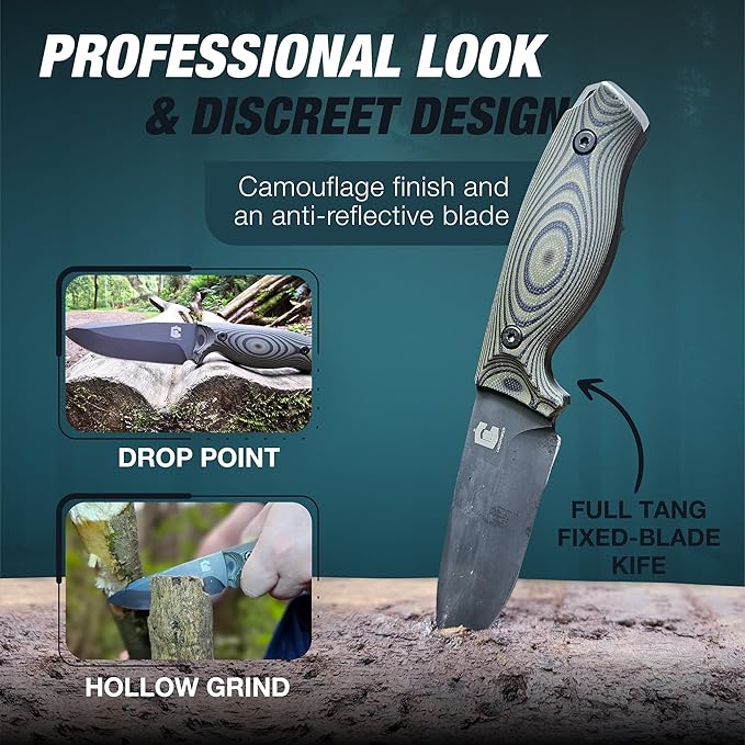 Fixed Blade Knife with Kydex Sheath, 4" Blade 1095 High Carbon Steel Knife with G-10 Tang for Bushcraft, Camping, Hunting & Survival.