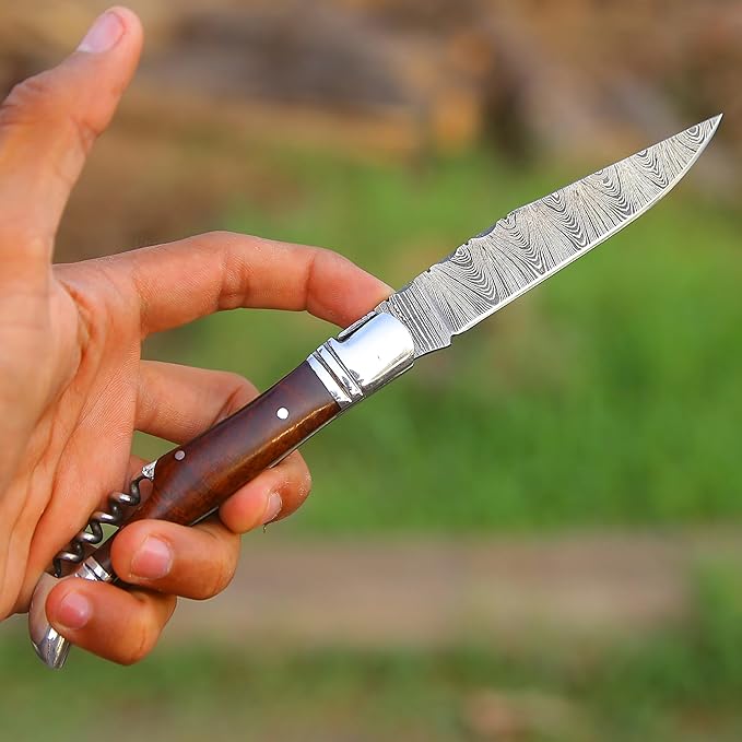 6.5 inch Damascus Pocket Knife with Sheath, Handmade Folding Pocket Knife for Men, Black-Red Wooden Handle with Brass Bolster, Secure Lock Back Camping Knife for EDC,Hunting,Hiking (Legual)