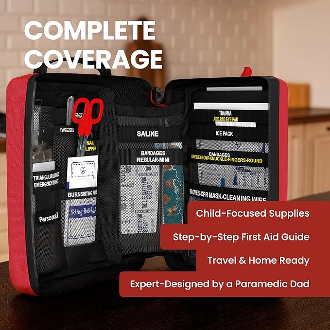 Portable First Aid Kit for Kids with CPR Shield - Ideal for Home, Car, School, Camping, and as a Travel First aid kit. Latex-Free Bandages ??Children First Aid Guide by The Life Safety Pro