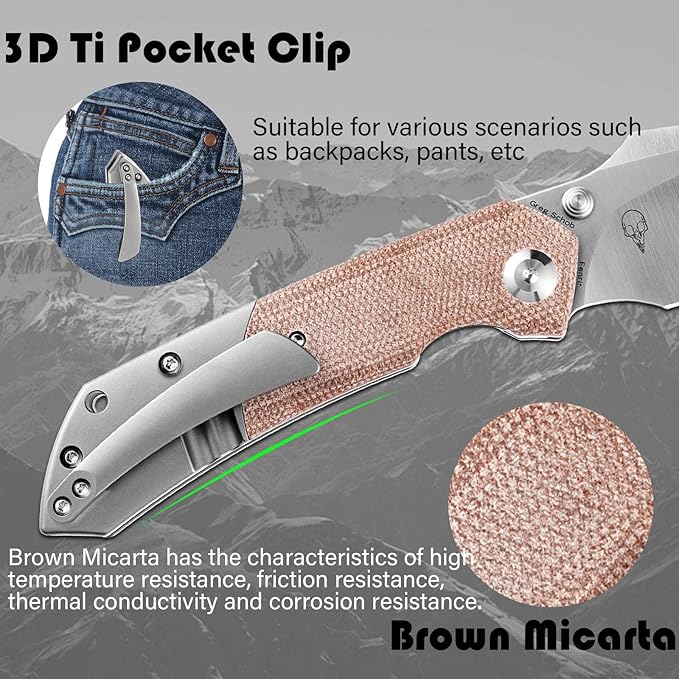 KANSEPT Fenrir Pocket Folding Knives for Men EDC Camping Folding Knife 3.48'' Satin CPM-S35VN Blade Pocket Folding Knife with Brown Micarta + Titanium Handle Everyday Carry K1034A6