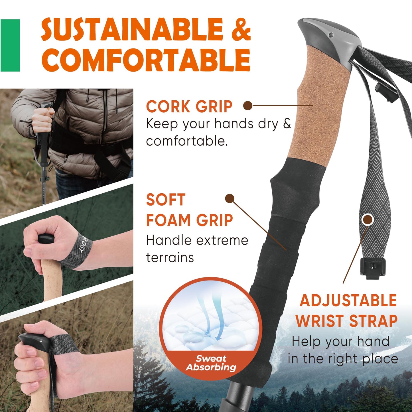 TREKOLOGY Trek-Z Cork Grip Trekking Poles – Lightweight Folding Hiking Poles, Adjustable Height