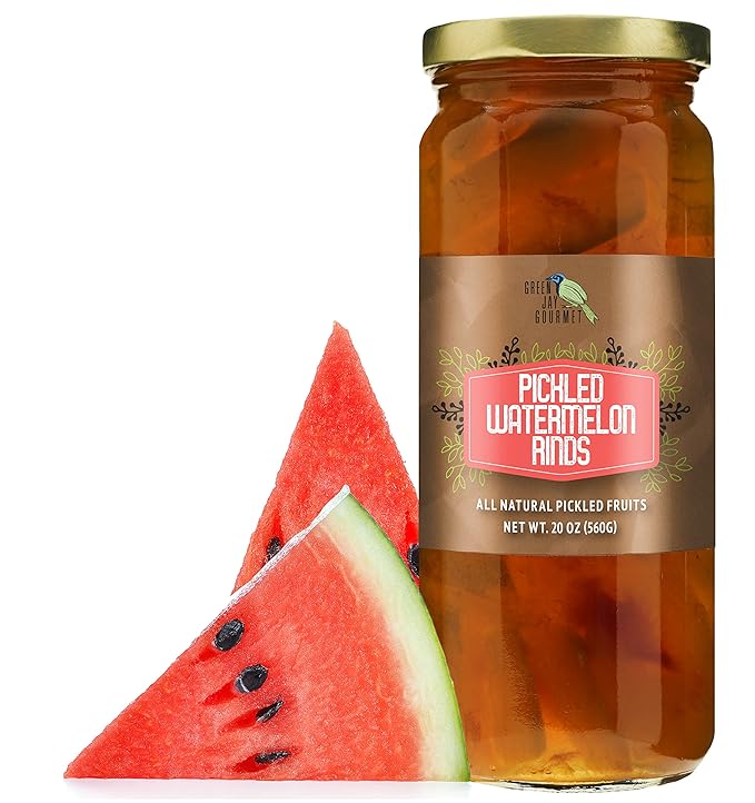 Green Jay Gourmet Pickled Watermelon Rinds in a Jar - Fresh Hand Jarred Fruit for Cooking & Pantry ??Home Grown Pre-Prepared Pickled Watermelon ??Simple Ingredients - 20 Ounce Jar