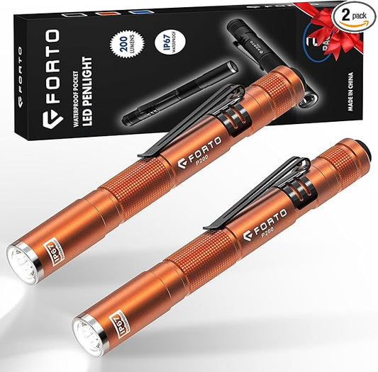 FORTO LED Pen Light, 200 Lumens Pocket Flashlight, IP67 Waterproof, 2 Modes, 2 Pack with AAA Batteries, Lightweight & Durable for Inspection, Medical Use, Emergency(Orange)
