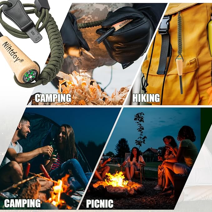 Ferro Rod Fire Starter – Carbon Steel Striker & Compass-Integrated Wooden Handle | Flint and Steel Survival Tool for Camping, Hiking, Emergency