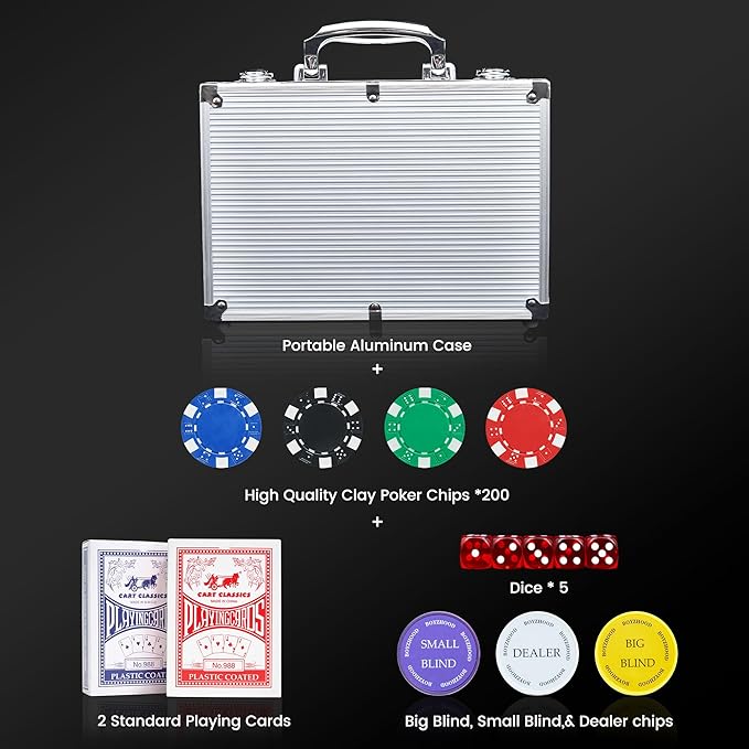Poker Chips with Numbers,200PCS Poker Chip Set with Aluminum Travel Case,11.5 Gram Poker Set for Texas Holdem and Blackjack Gambling.