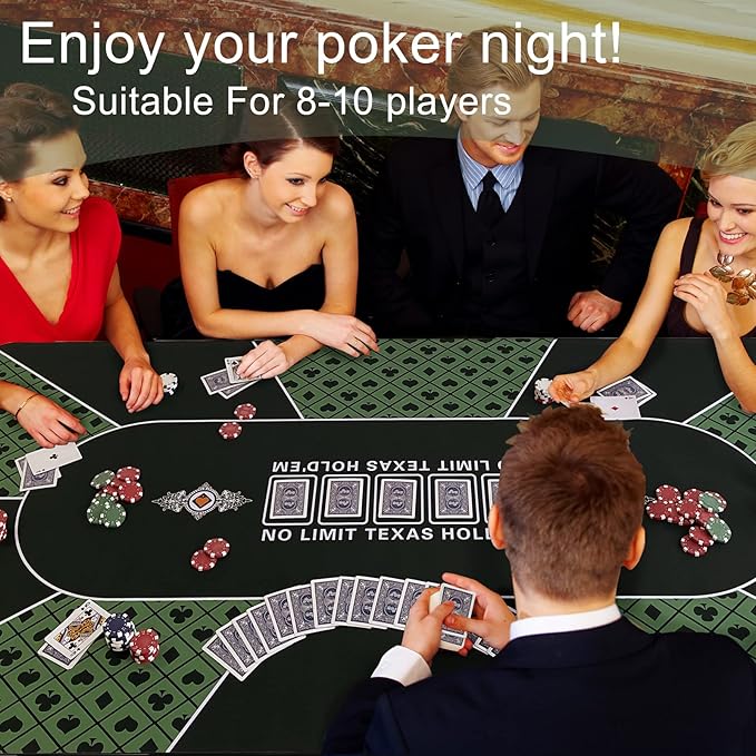 CONTINUE Poker Table Mat - 8-10 Player Texas Hold'em Poker Mat with Anti-Slip Rubber Base and Carrying Bag for Poker Games, Blackjack, Casino (Rectangle Green)