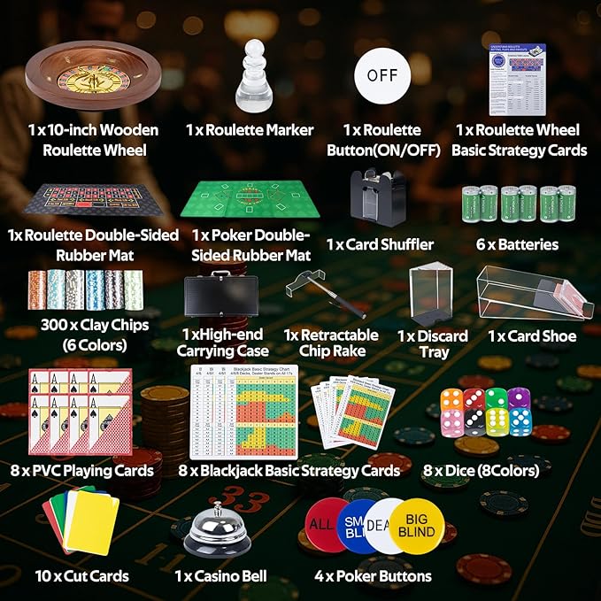 5 in 1 Super Pro Casino Game Set: Blackjack/Texas Hold'em/Roulette/Craps/Poker Kit, 10" Wooden Roulette Wheel, Carrying Case with 300 Clay Chips, 6 Deck Shuffler, 2 Double-Sided Rubber Mat And More